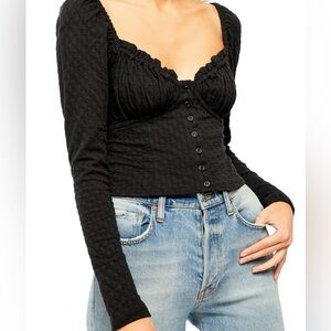 Free People Black Textured Button Front Sweetheart Long Sleeve Top